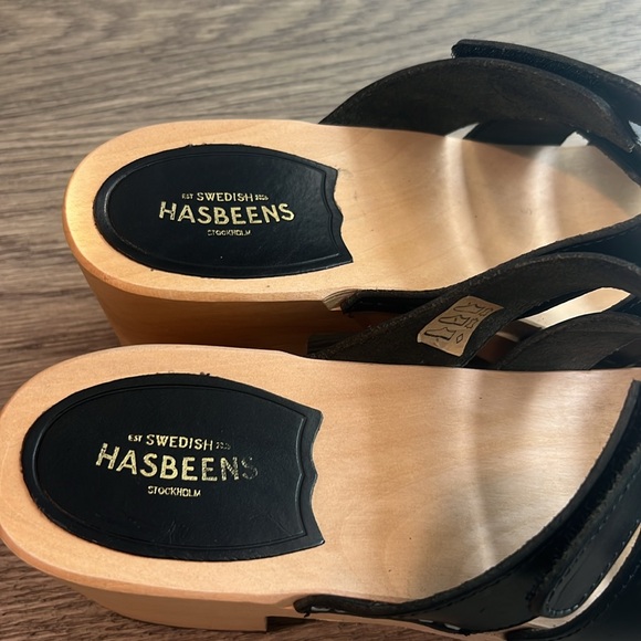 Swedish Hasbeens Wooden Strappy Leather Velcro Slip-On Platform Sandal - Picture 2 of 11